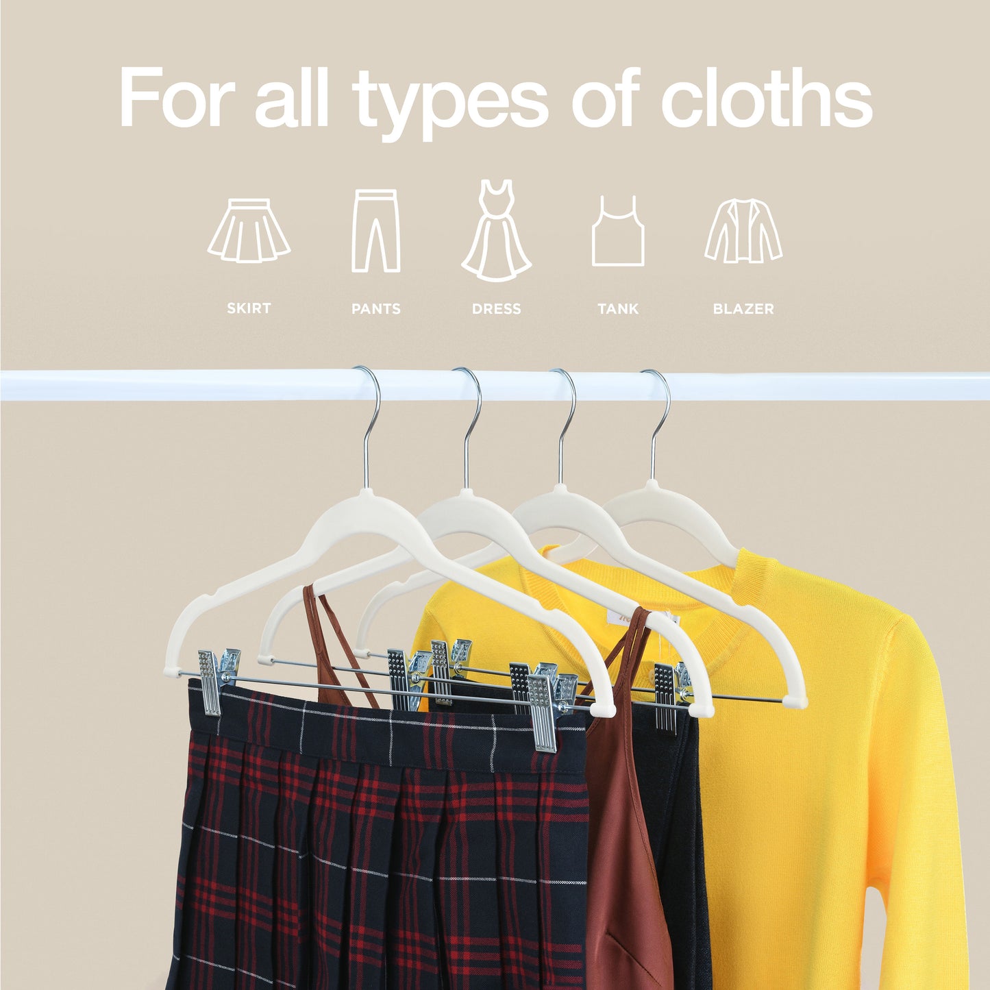 Velvet Slim Clothes Hangers, With Metal Clips, Hook Swivel 360, Ultra Thin, Color Ivory