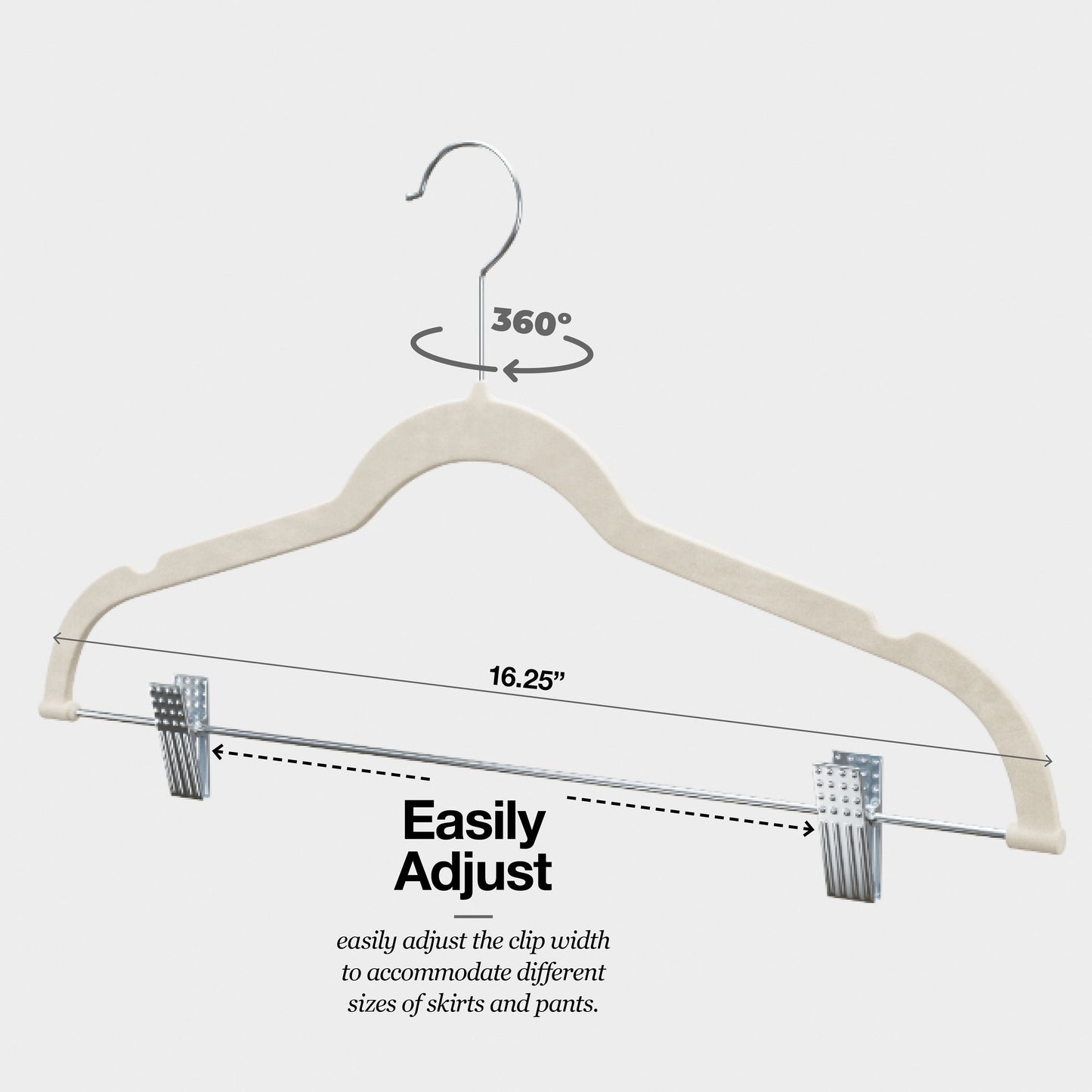Velvet Slim Clothes Hangers, With Metal Clips, Hook Swivel 360, Ultra Thin, Color Ivory