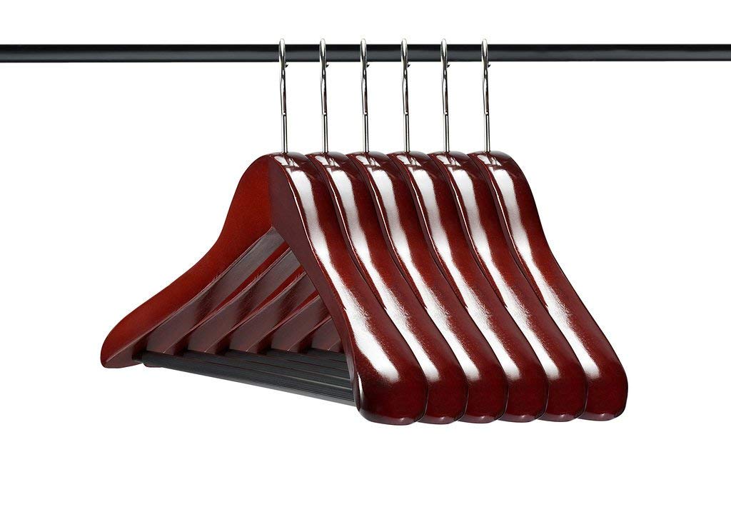 Extra Thick Wooden Suit Hangers With Bar, 6-Pack, Mahogany